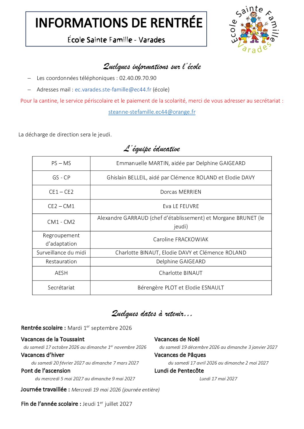 INFORMATIONS DE RENTREE